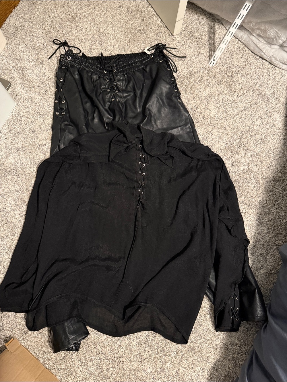 Black Lace-Up Blouse and Faux Leather Pants Set